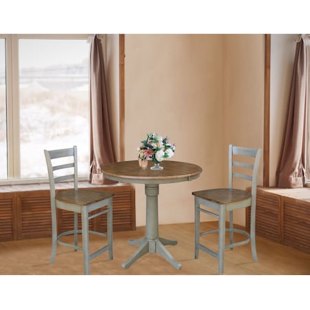 International Concepts Round 36 in Rd Extension Dining Table, 2 Emily Counter Ht Stools, Hickory/Stone, 36 W, 48 L, Wood K41-36RXT-27B-S6172-2